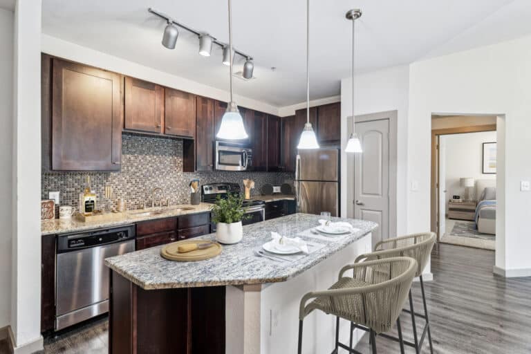 Sonterra Blue Apartments kitchen island.