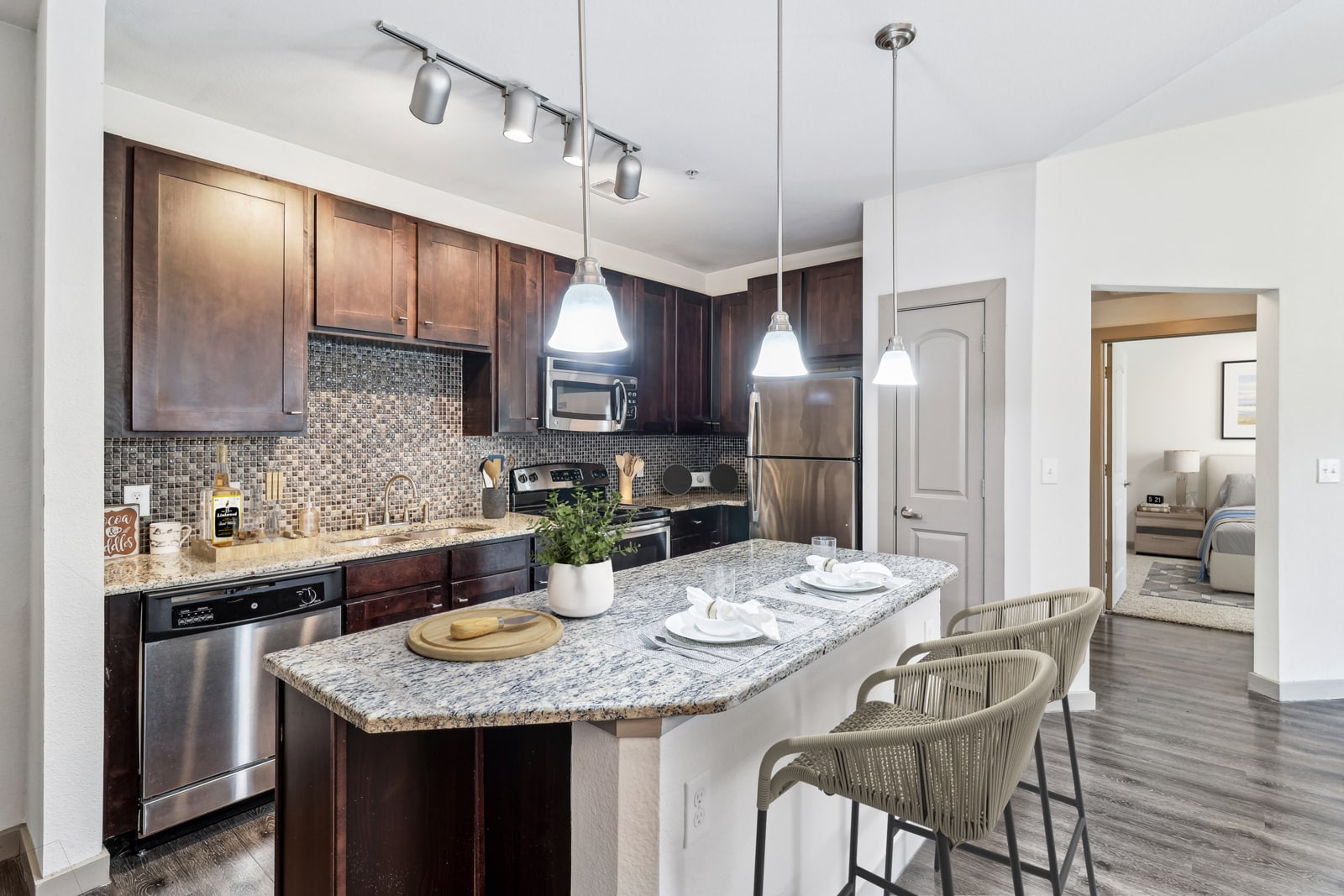 Sonterra Blue Apartments kitchen island.